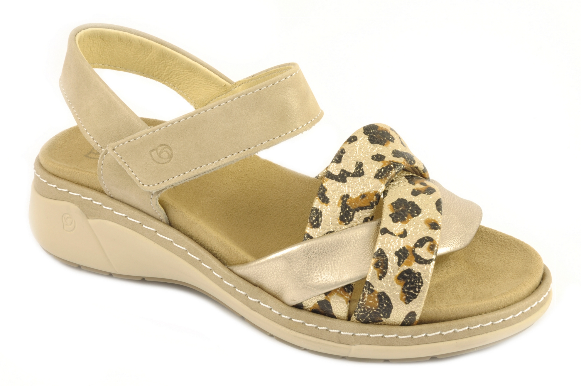 Rebajas Sandalia con velcro Calzado mujer Suave PIEL LEOPARDO DORADO